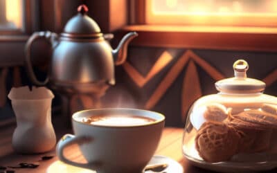 a picture of a teapot and coffee cup and biscuits in a warm place
